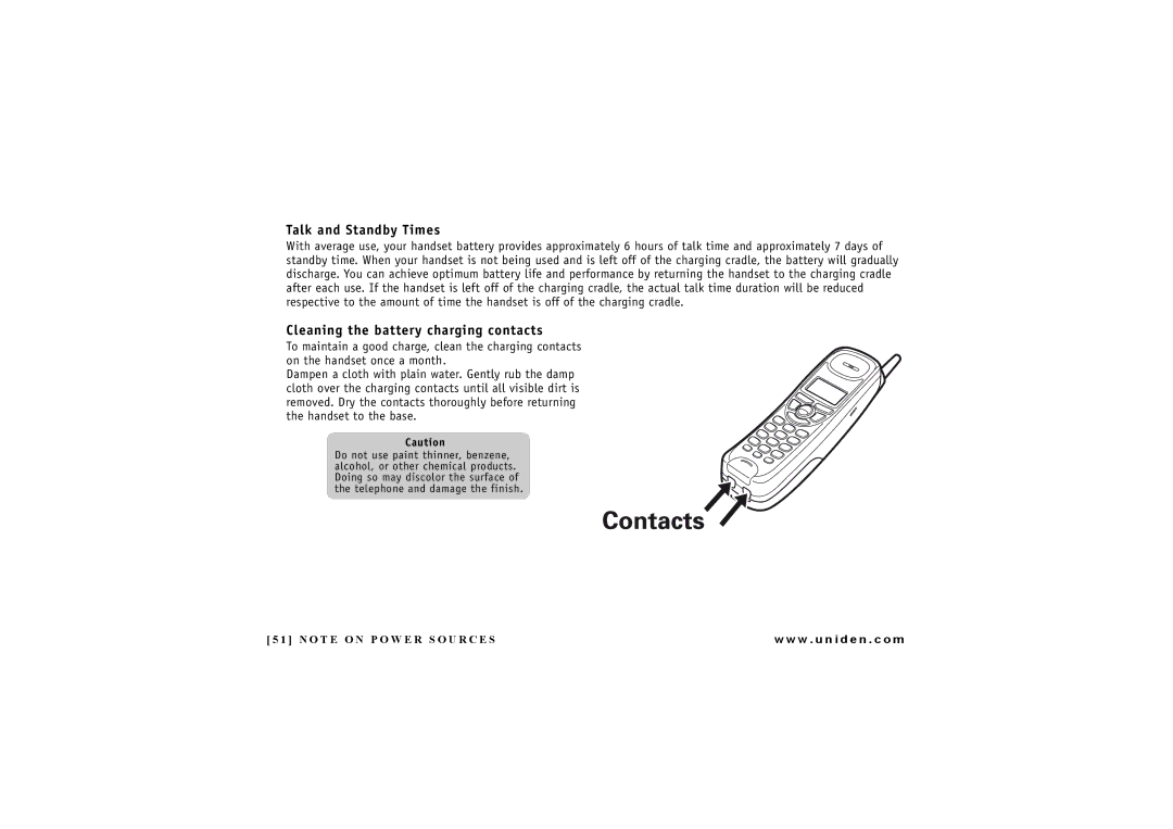 Uniden EXAI 4248 owner manual Talk and Standby Times, Cleaning the battery charging contacts 