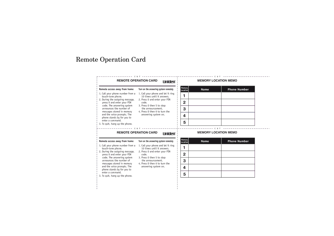 Uniden EXAI 4248 owner manual Remote Operation Card Memory Location Memo 