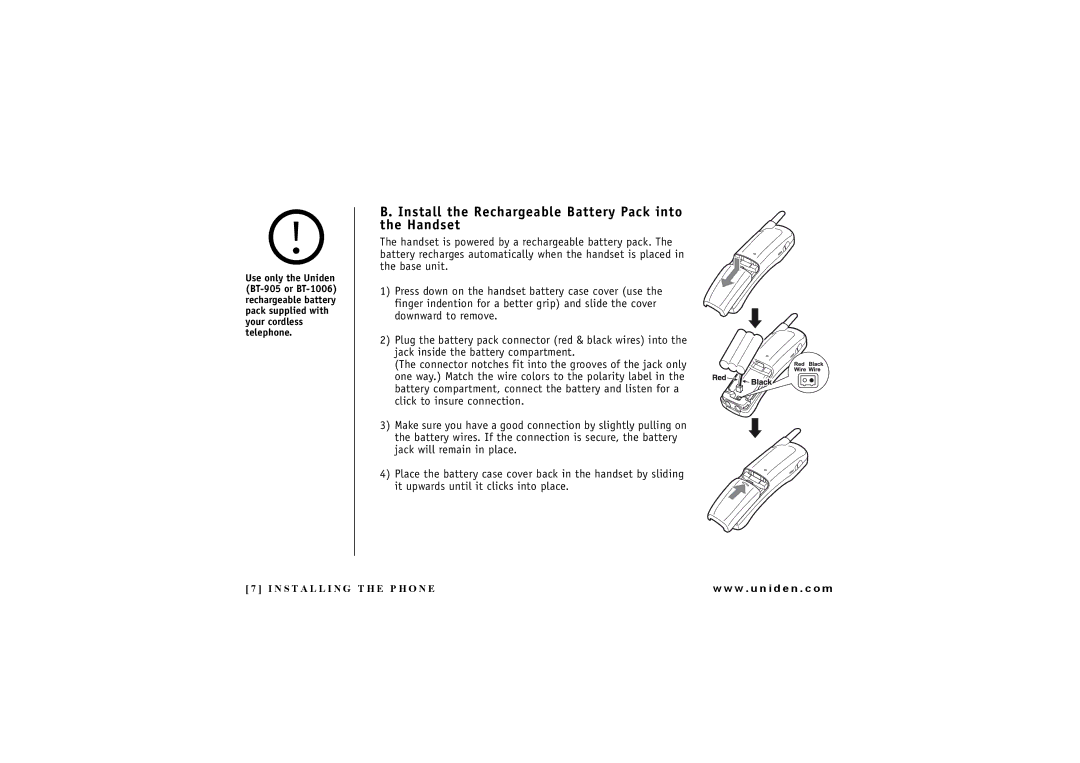 Uniden EXAI 4248 owner manual Install the Rechargeable Battery Pack into the Handset 