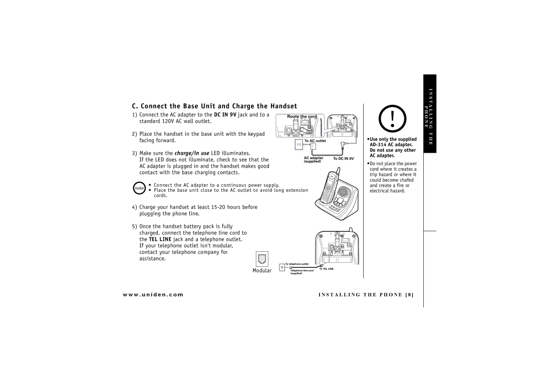 Uniden EXAI 4248 owner manual Connect the Base Unit and Charge the Handset 