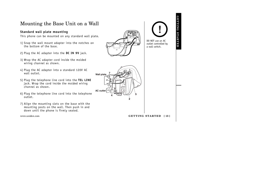 Uniden EXAI 5180 manual Mounting the Base Unit on a Wall, Standard wall plate mounting 