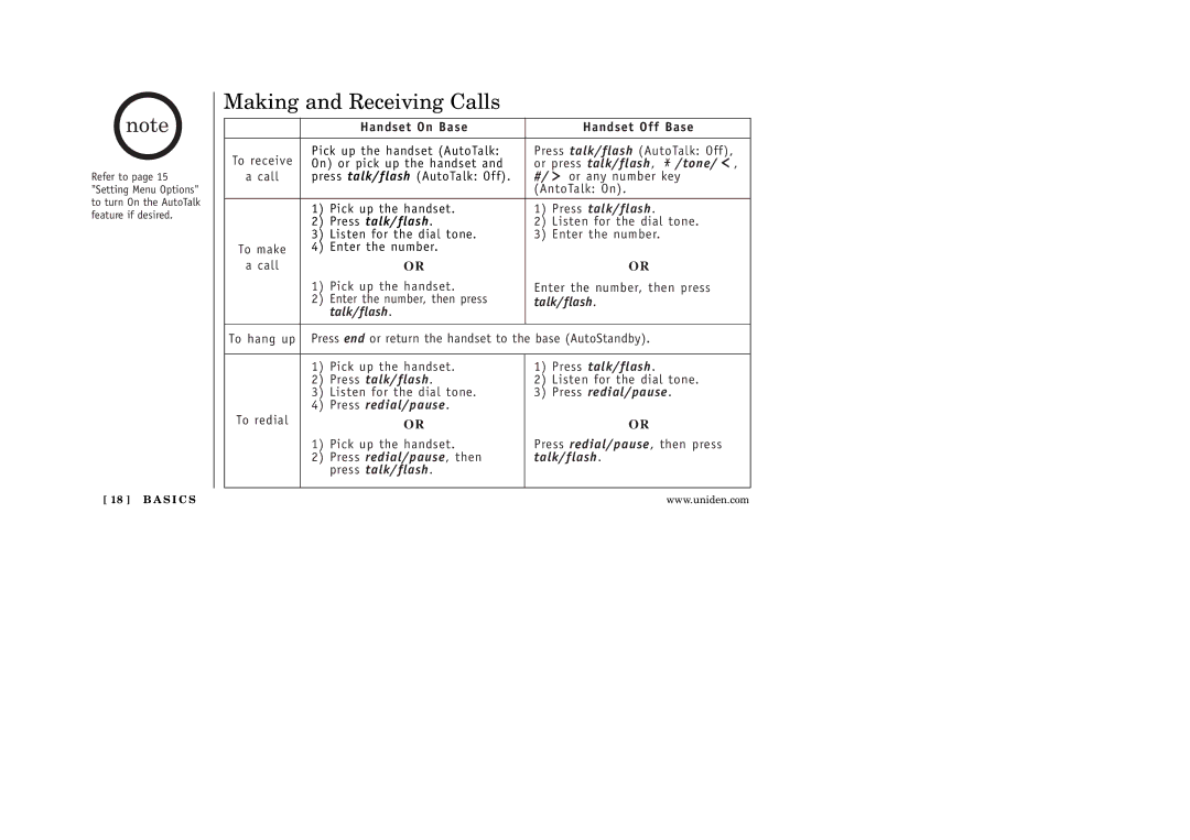 Uniden EXAI 5180 manual Making and Receiving Calls, Handset On Base Handset Off Base 