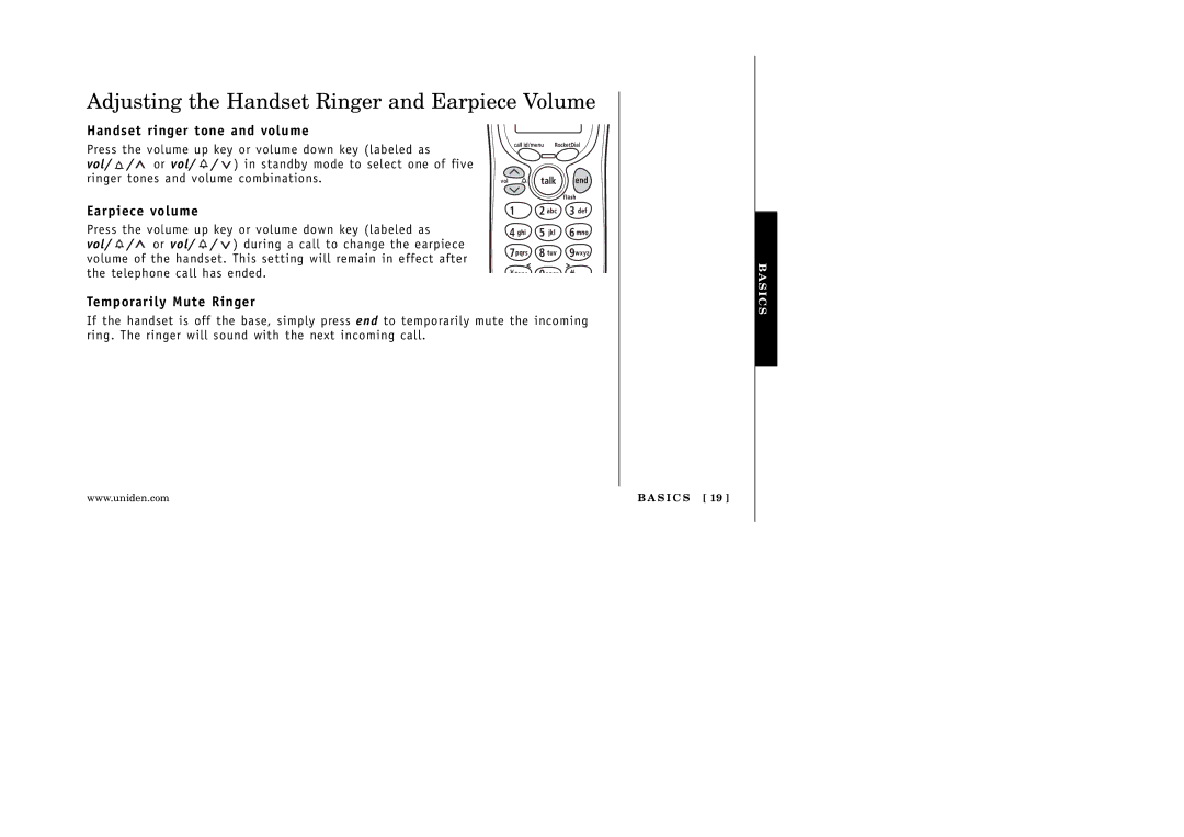 Uniden EXAI 5180 manual Adjusting the Handset Ringer and Earpiece Volume, Handset ringer tone and volume, Earpiece volume 