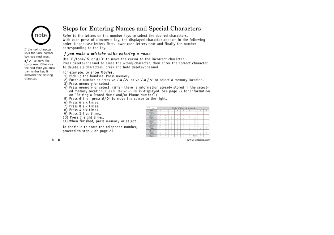 Uniden EXAI 5180 manual Steps for Entering Names and Special Characters, If you make a mistake while entering a name 