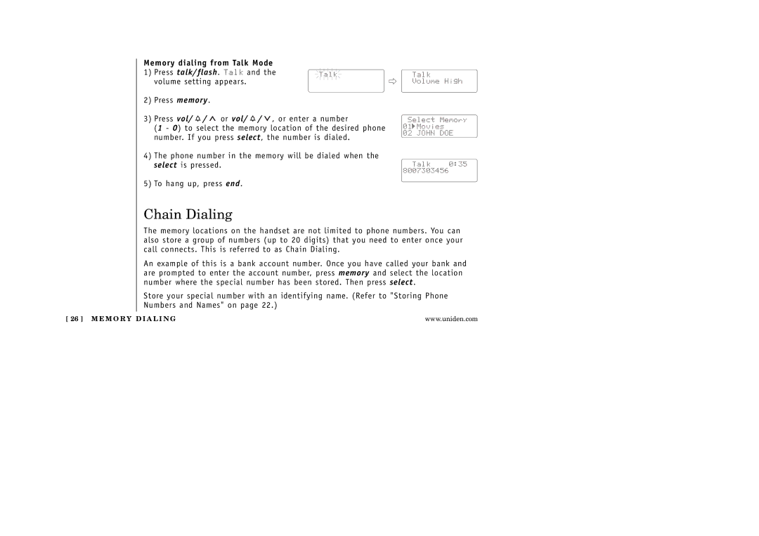 Uniden EXAI 5180 manual Chain Dialing, Memory dialing from Talk Mode 