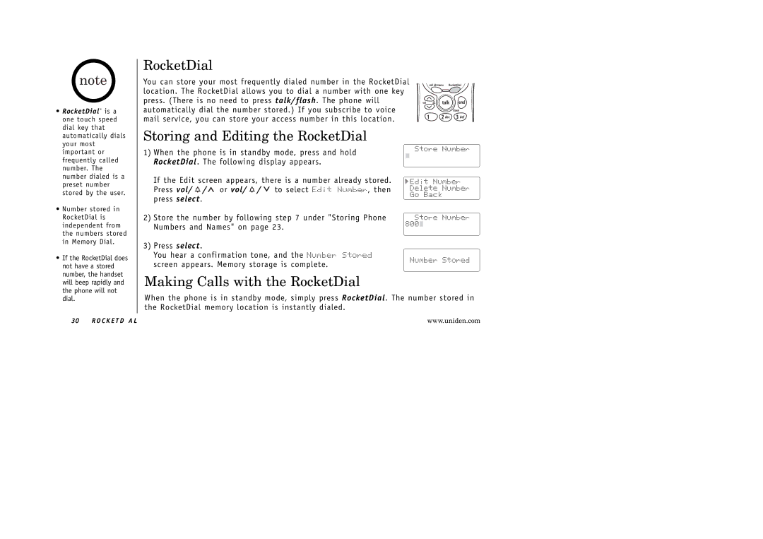 Uniden EXAI 5180 manual Storing and Editing the RocketDial, Making Calls with the RocketDial 