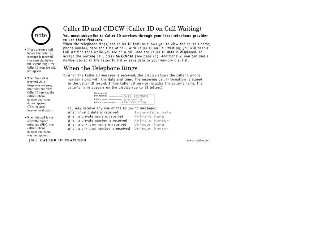 Uniden EXAI 5180 manual Caller ID and Cidcw Caller ID on Call Waiting, When the Telephone Rings 