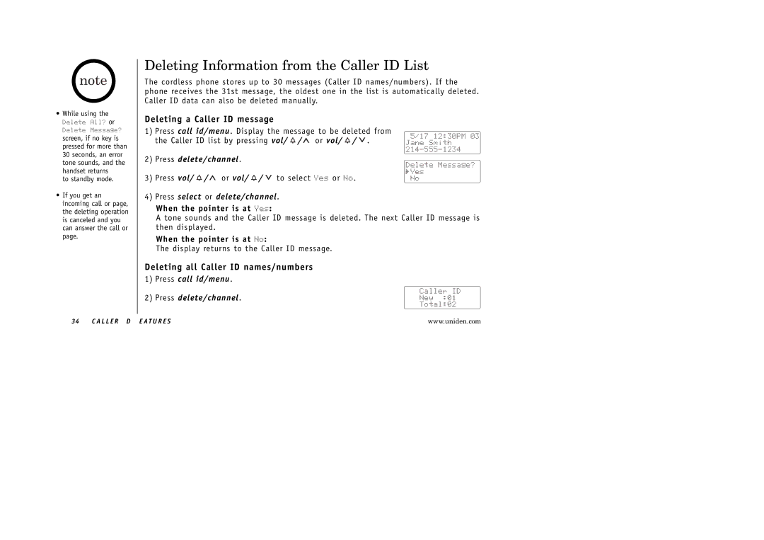 Uniden EXAI 5180 Deleting Information from the Caller ID List, Deleting a Caller ID message, When the pointer is at Yes 