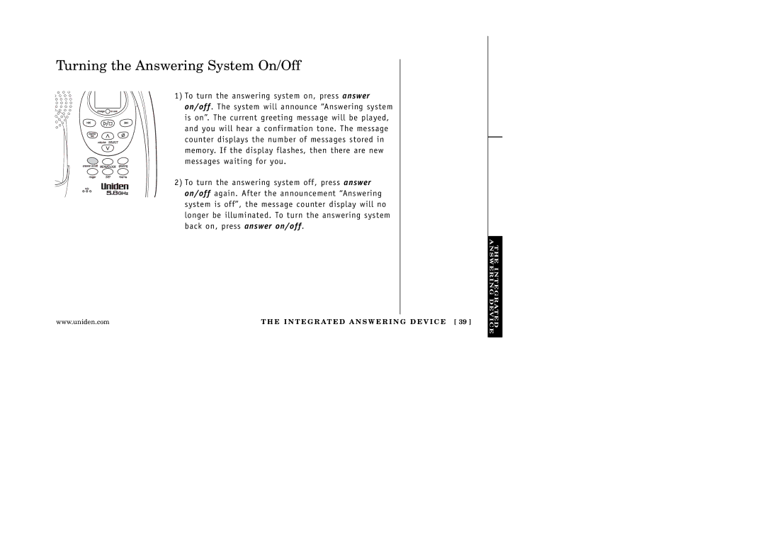 Uniden EXAI 5180 manual Turning the Answering System On/Off 