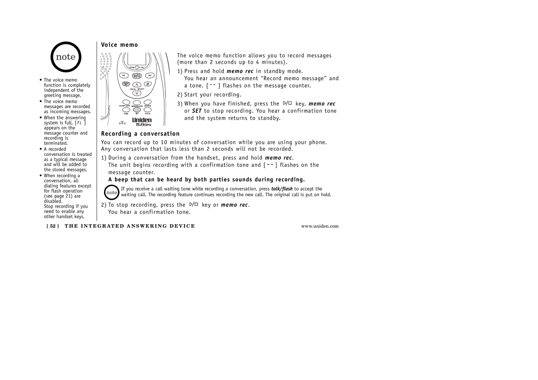 Uniden EXAI 5180 manual Voice memo, Recording a conversation 