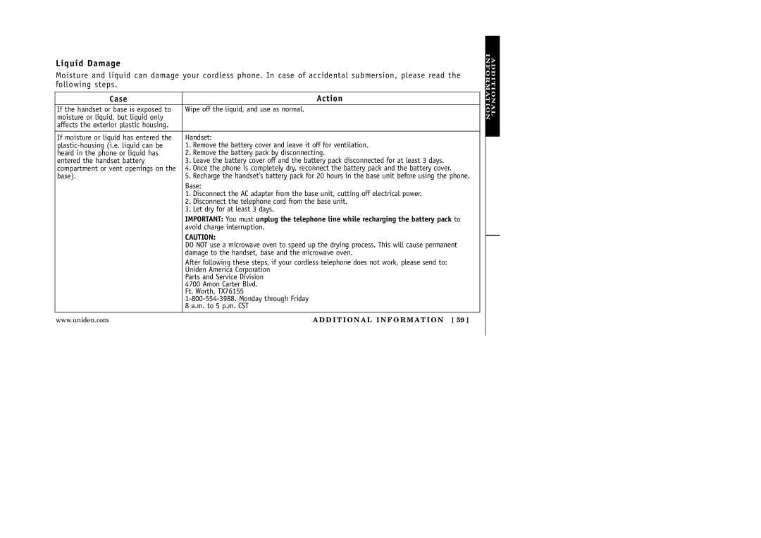 Uniden EXAI 5180 manual Liquid Damage, Case Action 