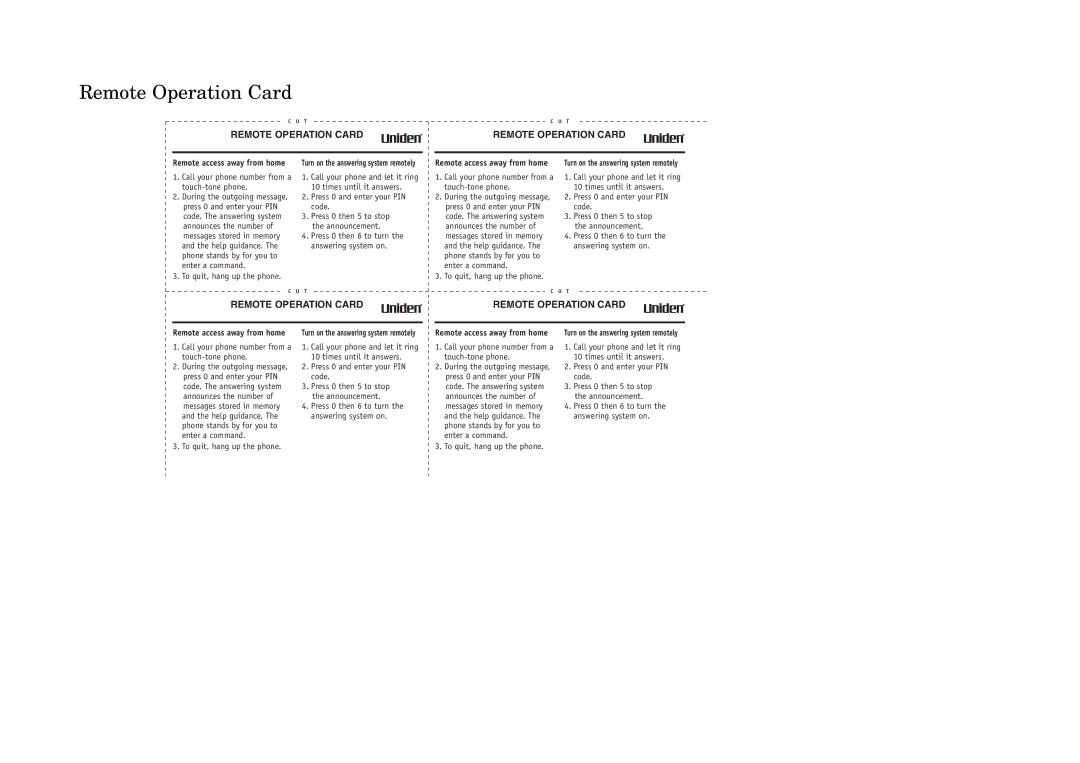 Uniden EXAI 5180 manual Remote Operation Card 