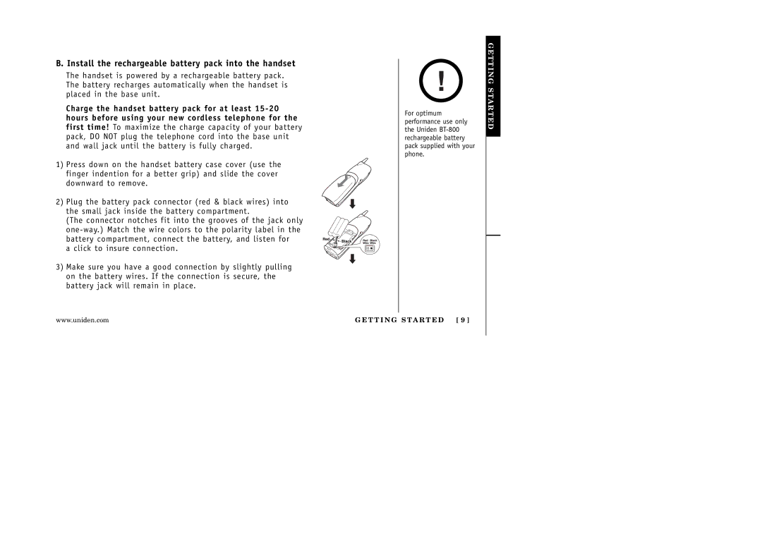 Uniden EXAI 5180 manual Install the rechargeable battery pack into the handset, Getting Started 