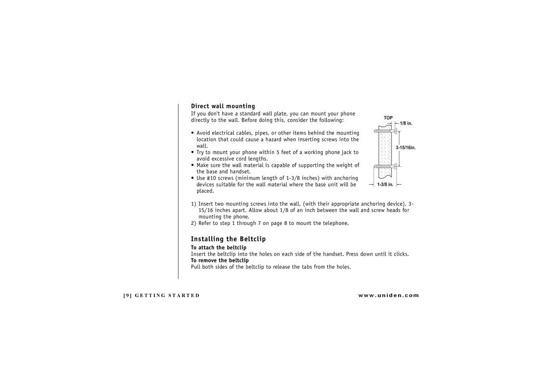 Uniden EXAI 7248 owner manual Installing the Beltclip, Direct wall mounting 