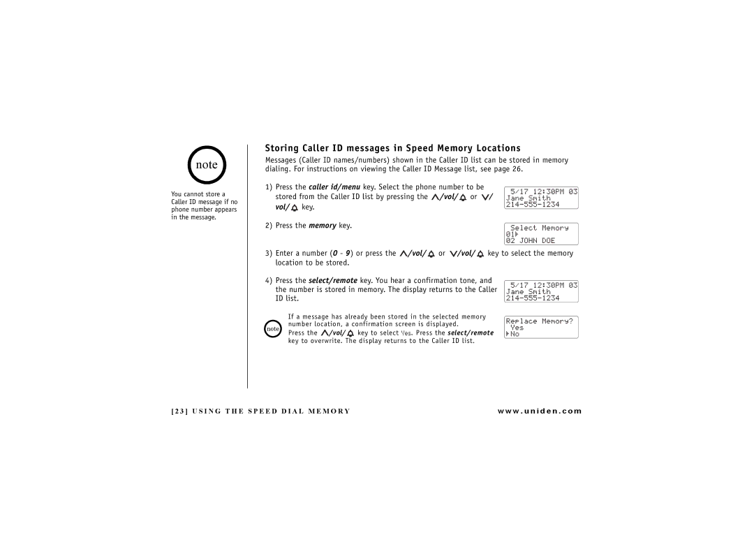 Uniden EXAI 7248 owner manual Storing Caller ID messages in Speed Memory Locations 