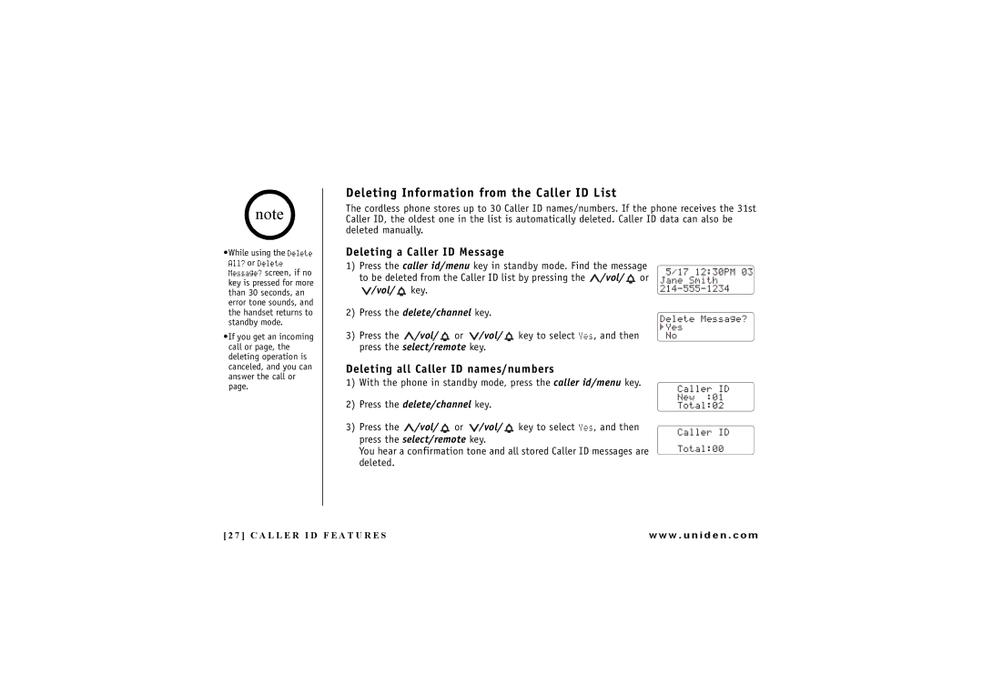 Uniden EXAI 7248 owner manual Deleting Information from the Caller ID List, Deleting a Caller ID Message 