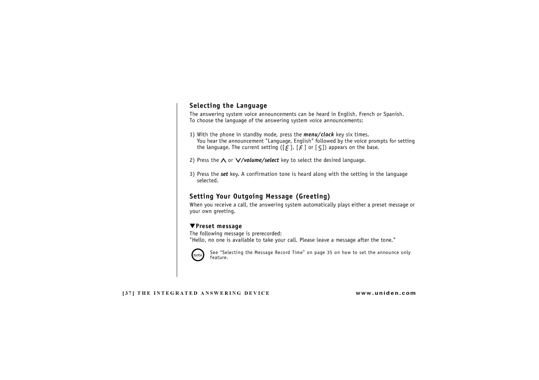 Uniden EXAI 7248 owner manual Selecting the Language, Setting Your Outgoing Message Greeting, Preset message 