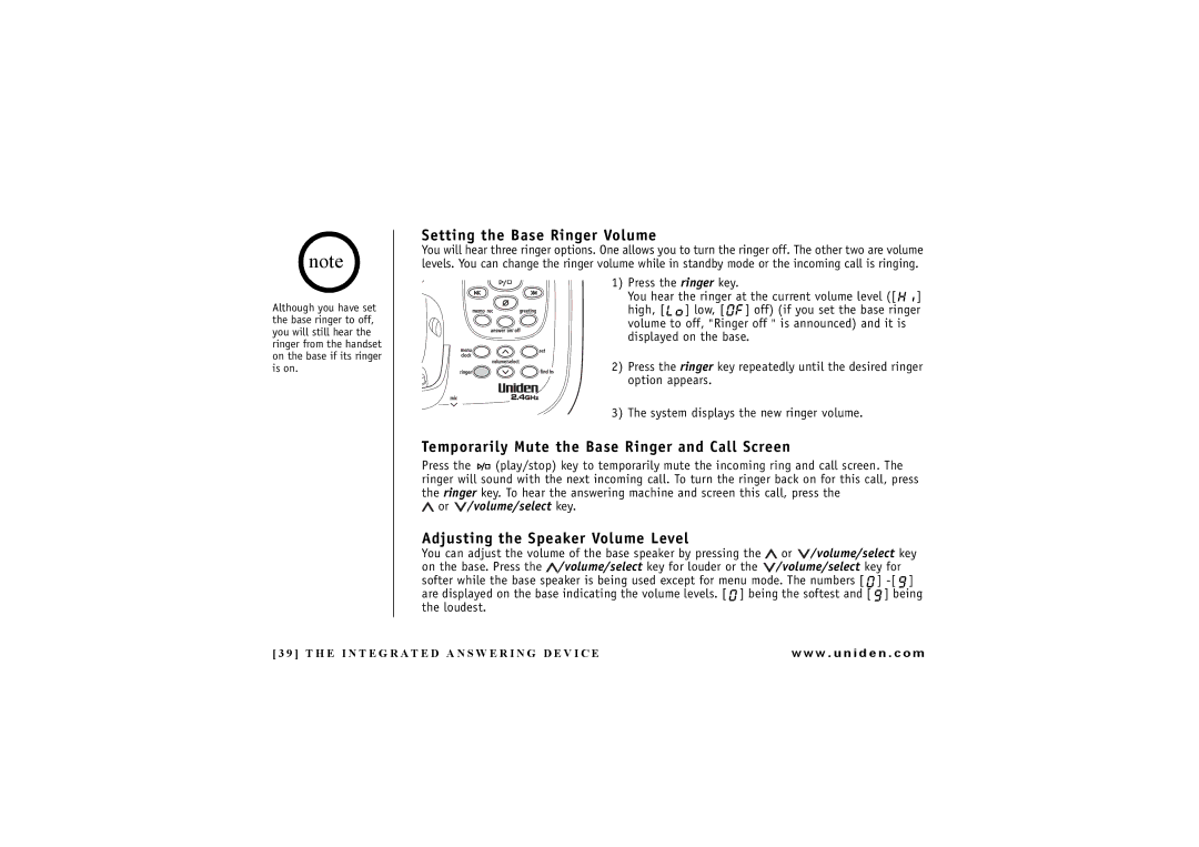 Uniden EXAI 7248 owner manual Setting the Base Ringer Volume, Temporarily Mute the Base Ringer and Call Screen 