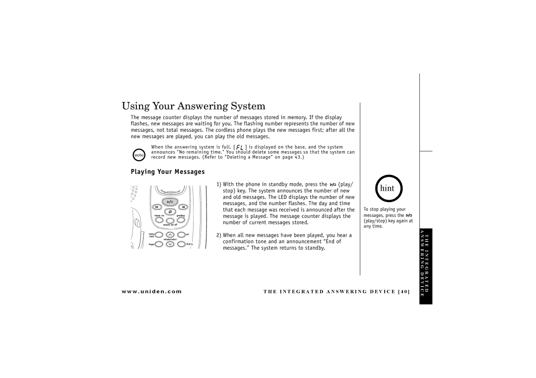 Uniden EXAI 7248 owner manual Using Your Answering System, Playing Your Messages 