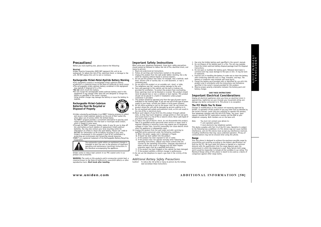 Uniden EXAI 7248 owner manual Precautions 