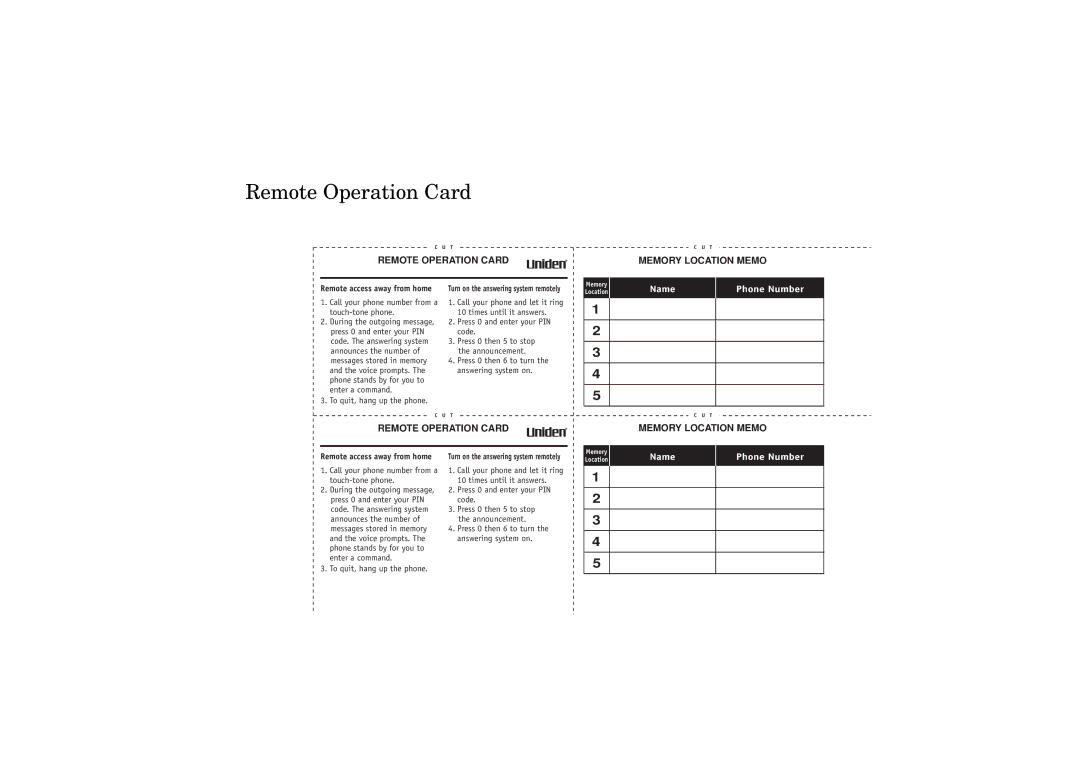 Uniden EXAI 7248 owner manual Remote Operation Card Memory Location Memo 