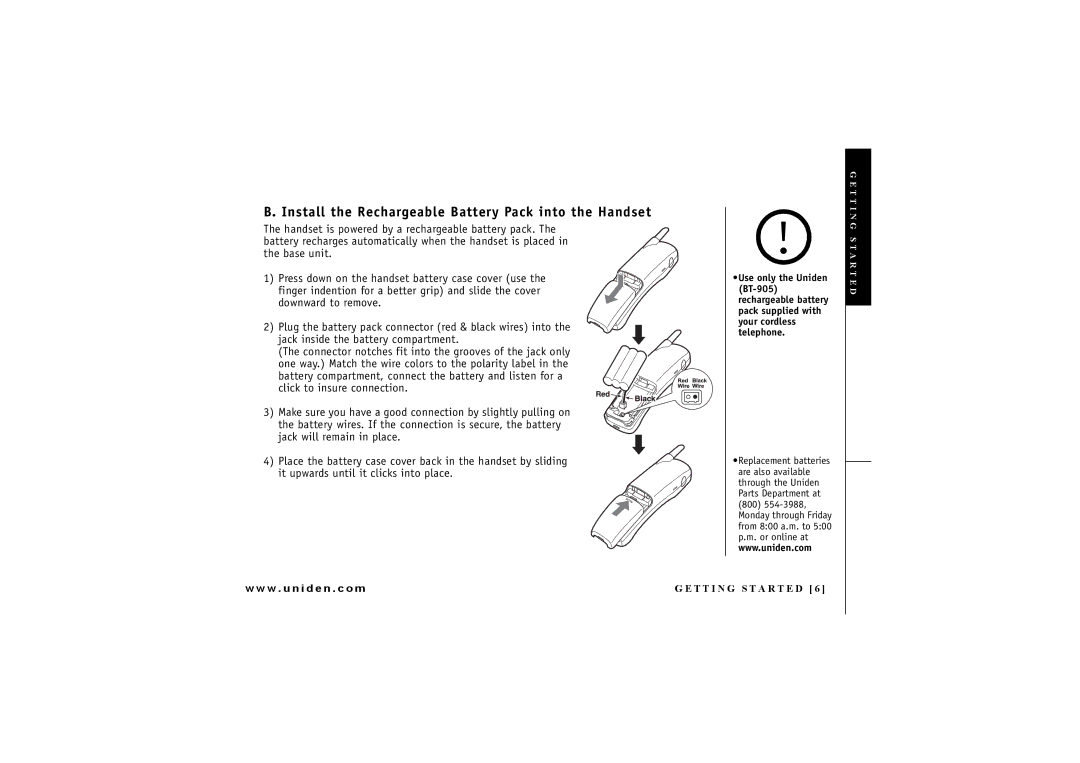 Uniden EXAI 7248 owner manual Install the Rechargeable Battery Pack into the Handset 