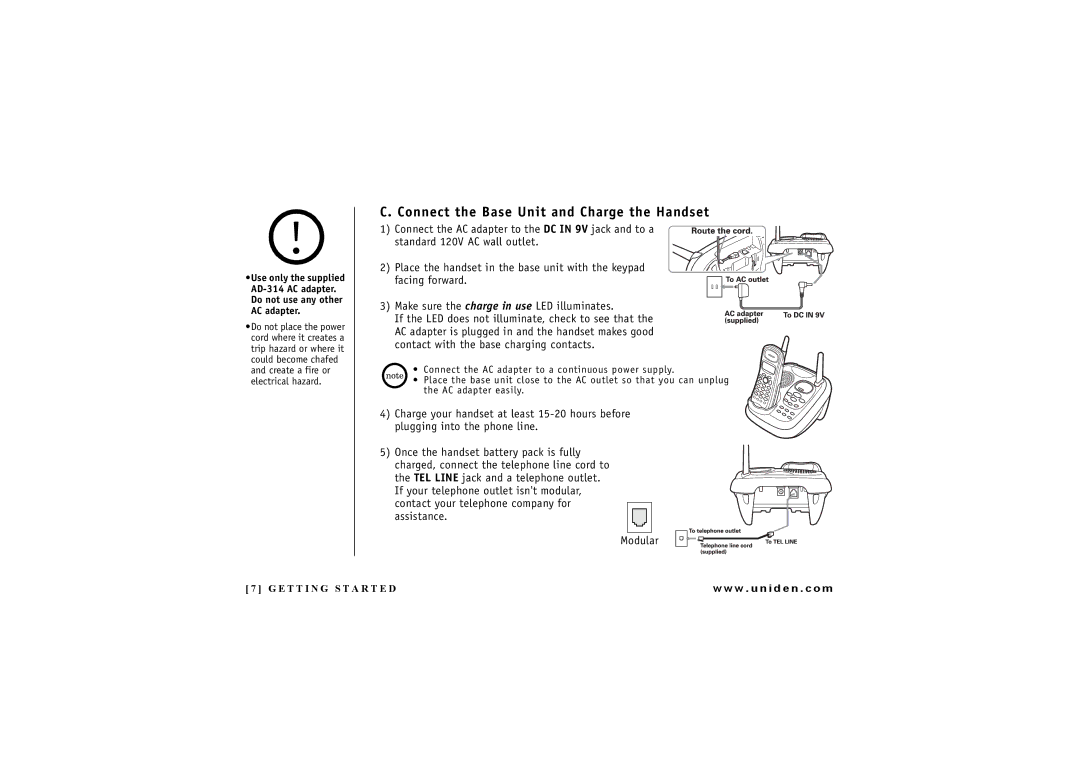 Uniden EXAI 7248 owner manual Connect the Base Unit and Charge the Handset, Use only the supplied 