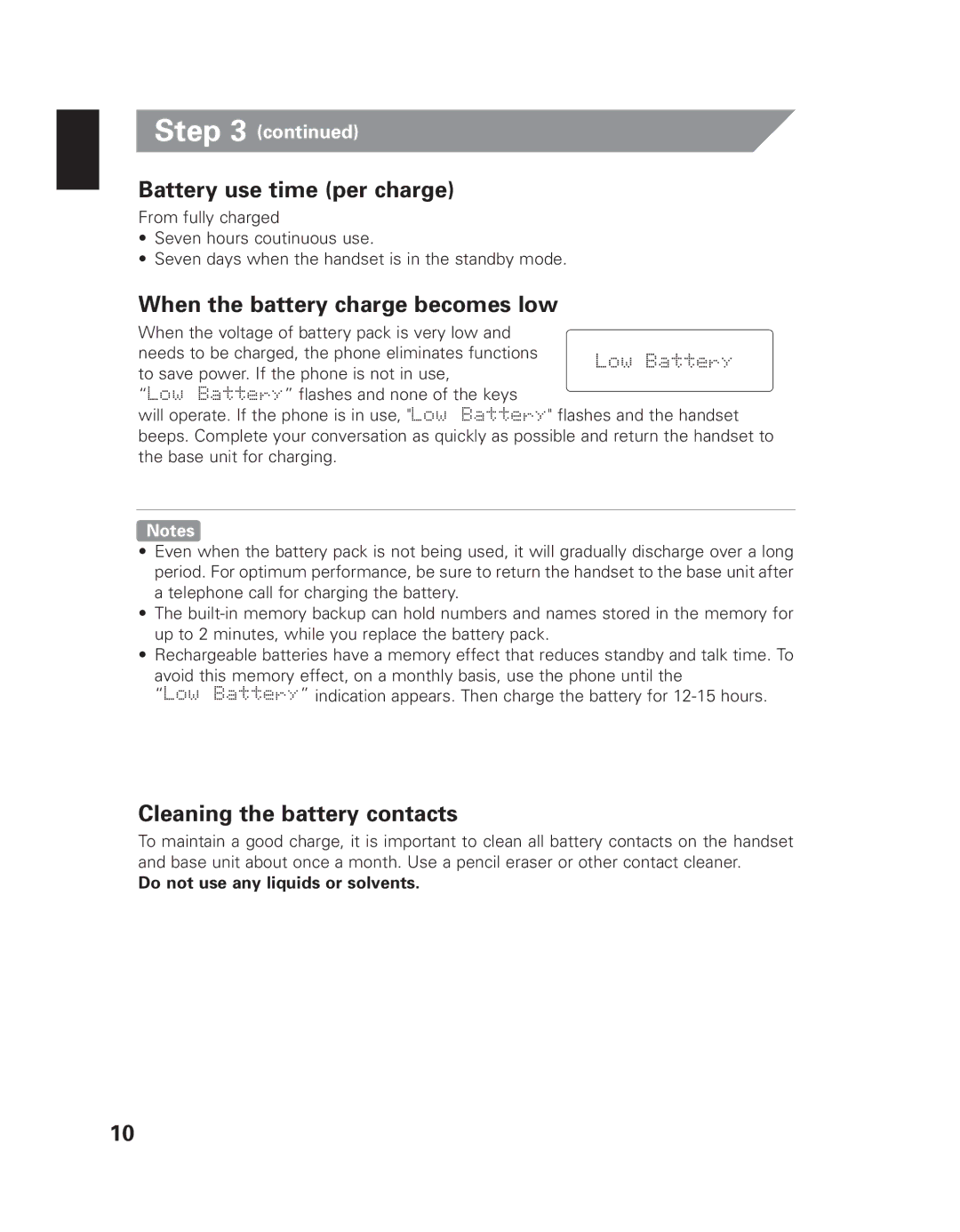 Uniden EXAI 7980 Battery use time per charge, When the battery charge becomes low, Cleaning the battery contacts 