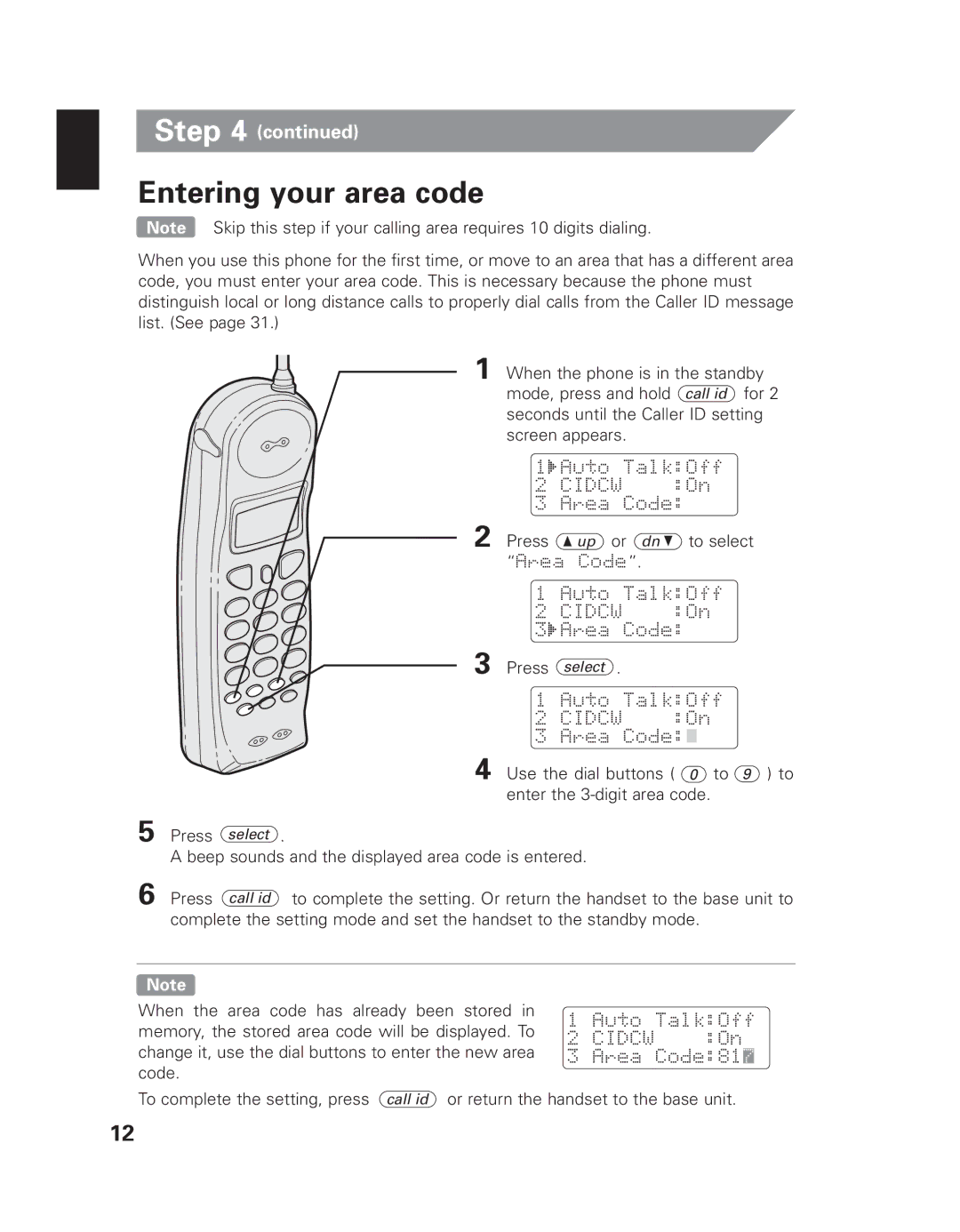 Uniden EXAI 7980 owner manual Entering your area code 