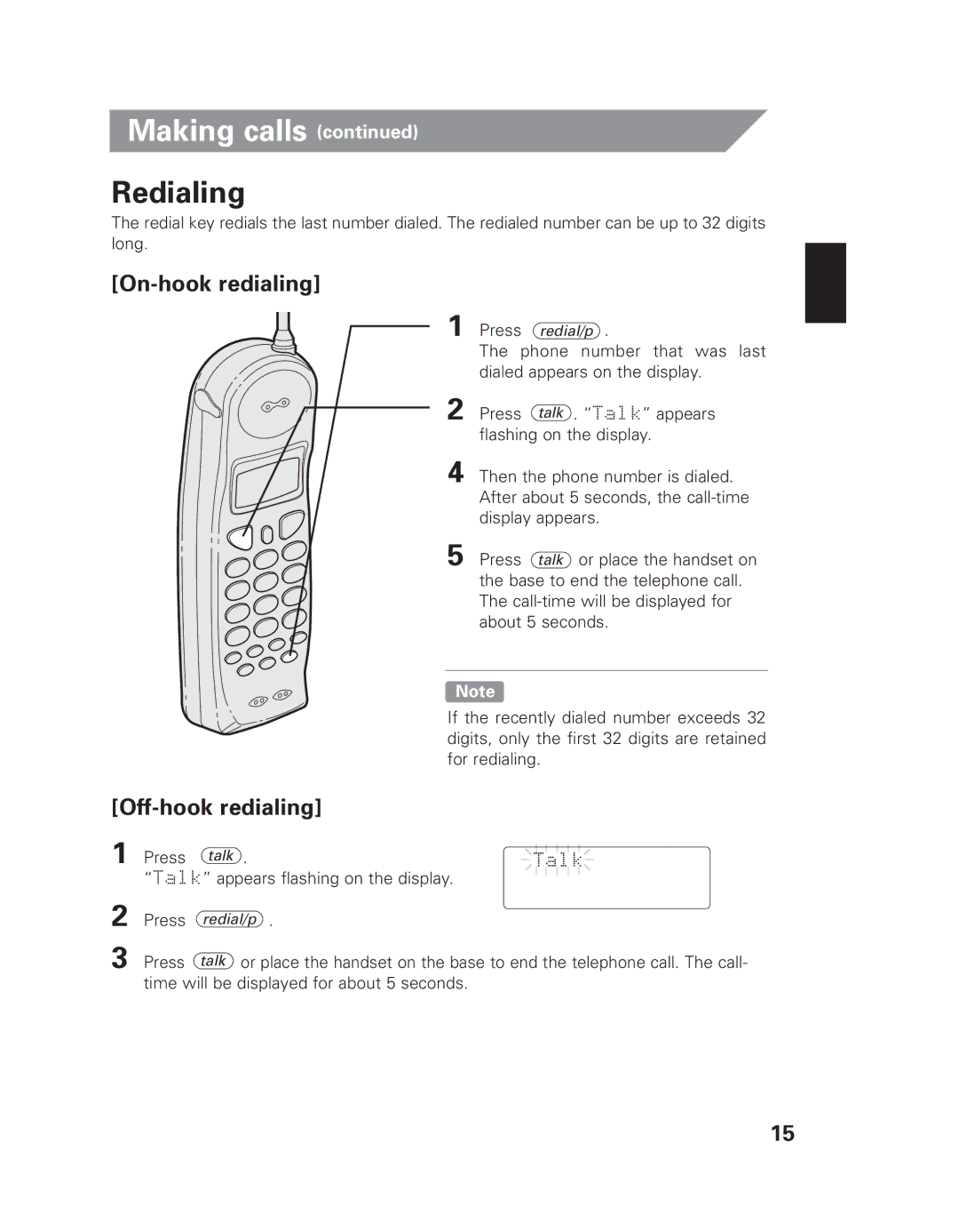 Uniden EXAI 7980 owner manual Redialing, On-hook redialing, Off-hook redialing 