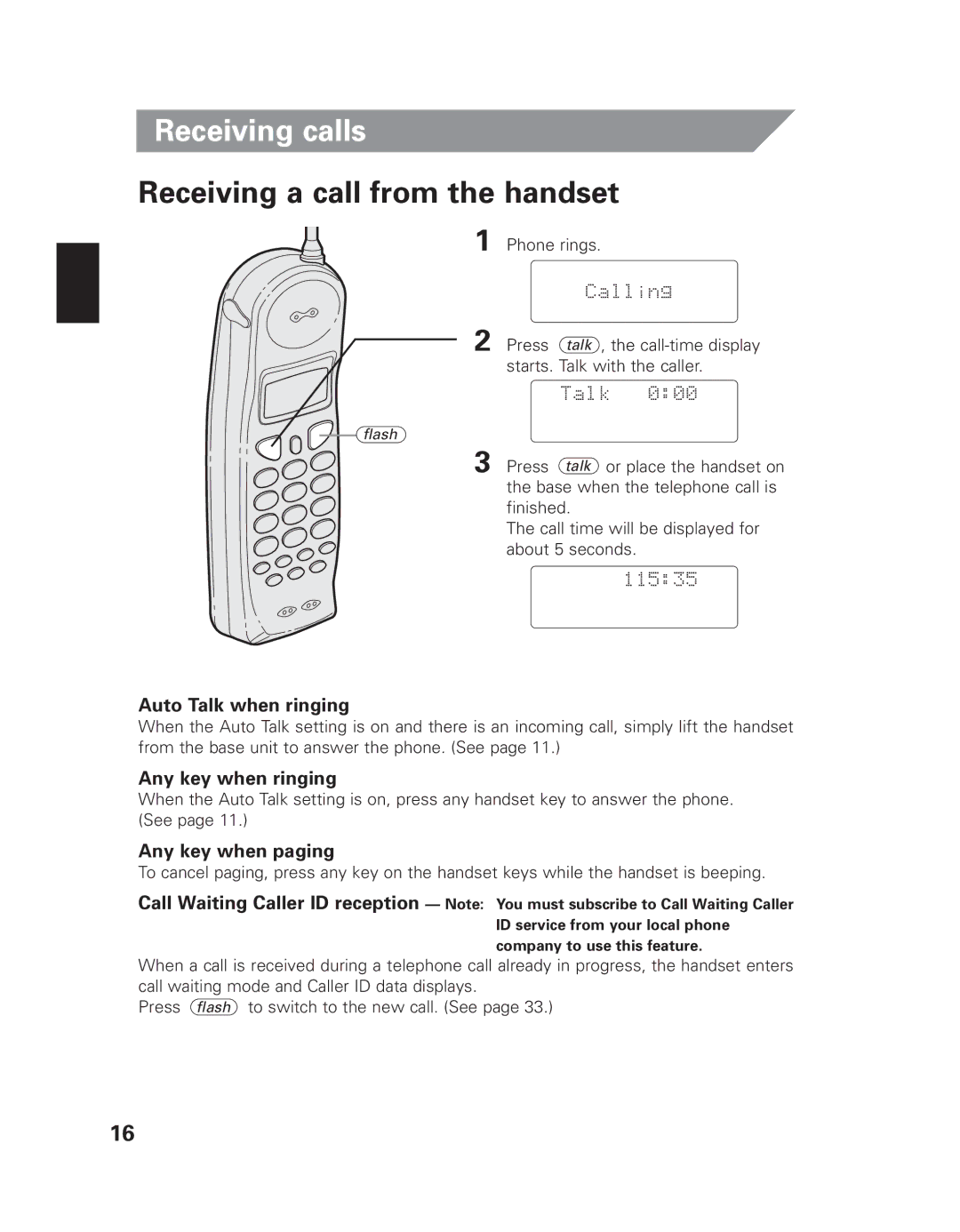 Uniden EXAI 7980 Receiving calls, Receiving a call from the handset, Auto Talk when ringing, Any key when ringing 