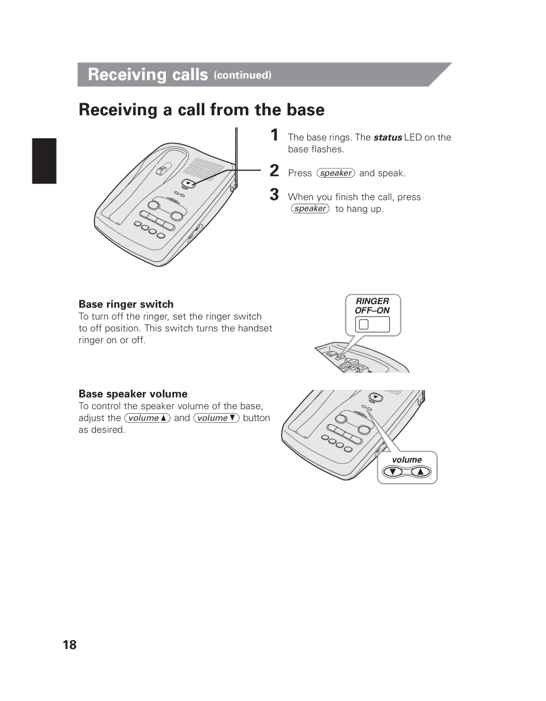 Uniden EXAI 7980 owner manual Receiving a call from the base, Base ringer switch, Base speaker volume 