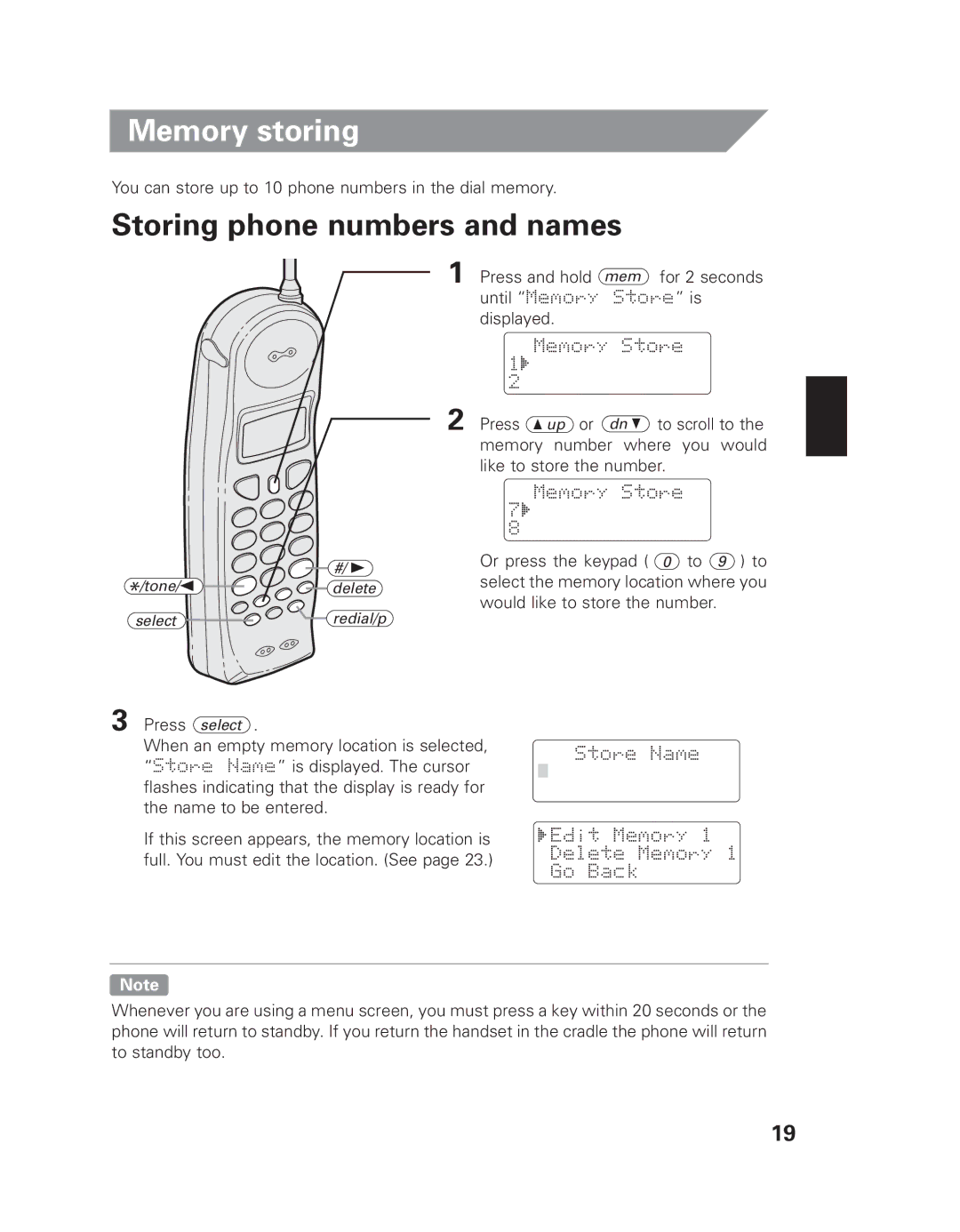 Uniden EXAI 7980 owner manual Memory storing, Storing phone numbers and names 