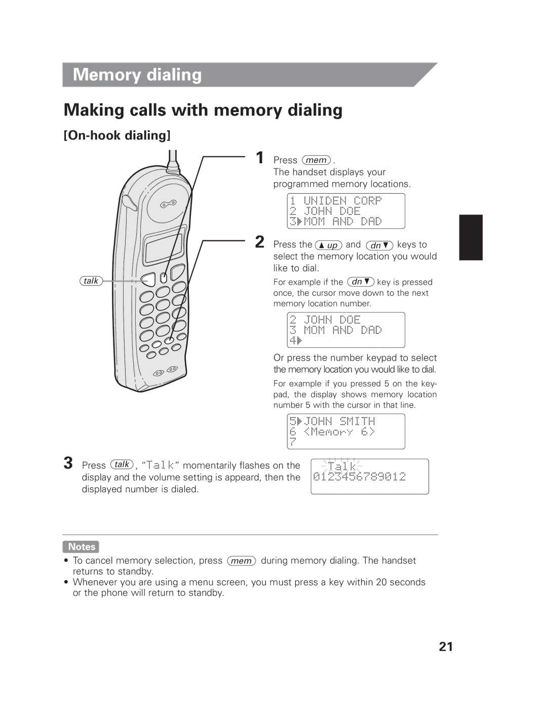 Uniden EXAI 7980 owner manual Memory dialing, Making calls with memory dialing, On-hook dialing 