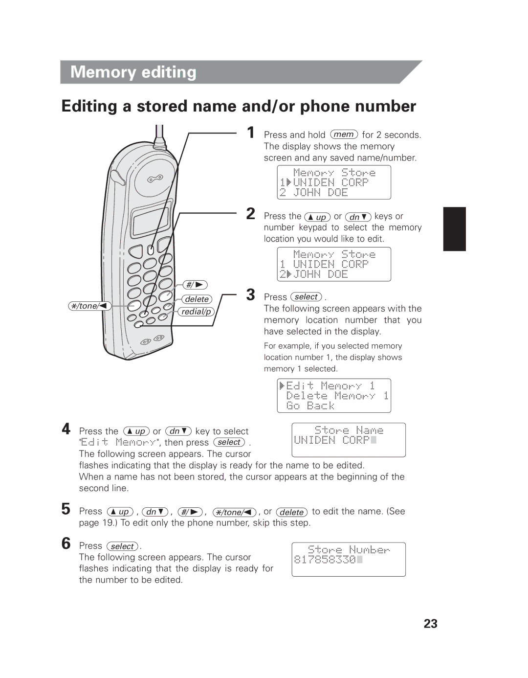 Uniden EXAI 7980 owner manual Memory editing, Editing a stored name and/or phone number 