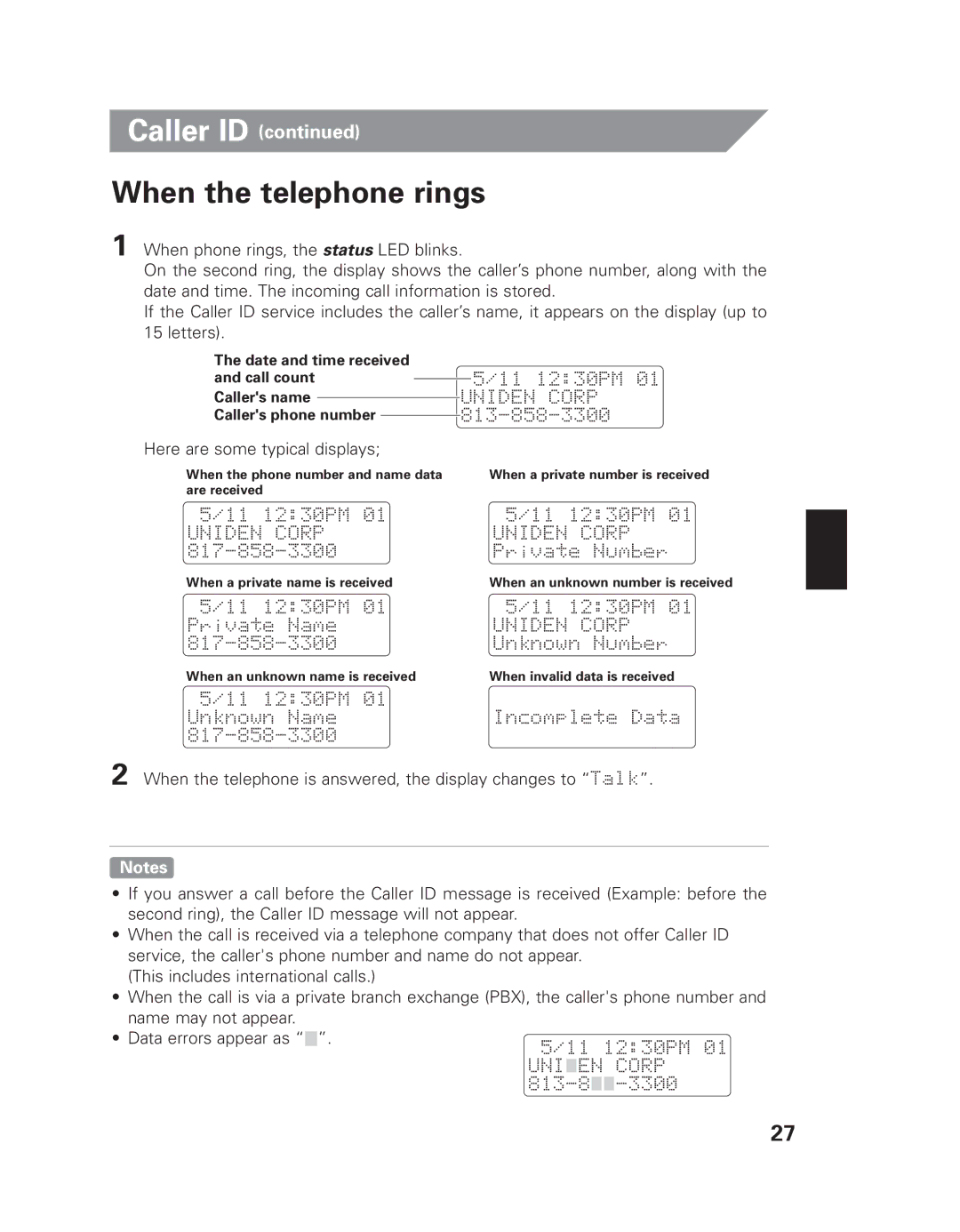 Uniden EXAI 7980 owner manual When the telephone rings, Here are some typical displays 