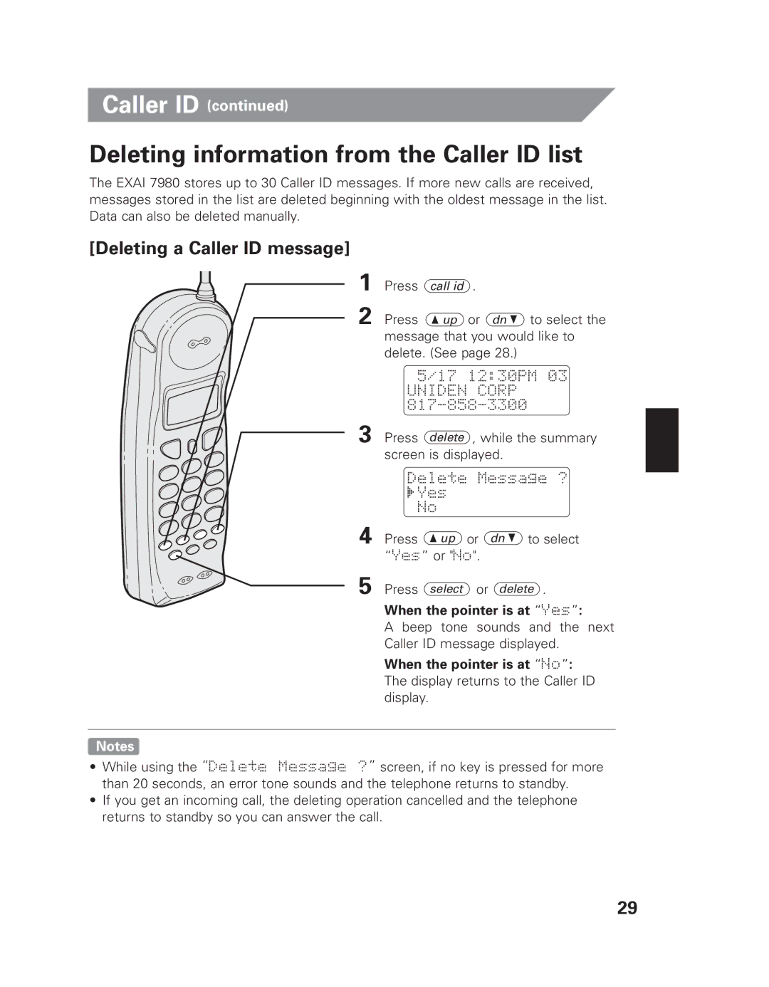 Uniden EXAI 7980 owner manual Deleting information from the Caller ID list, Deleting a Caller ID message 