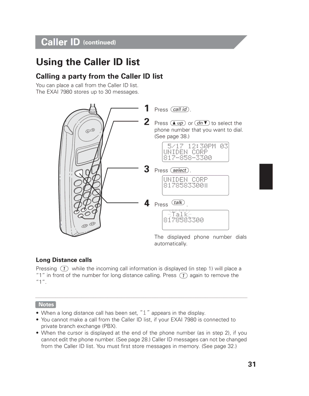 Uniden EXAI 7980 owner manual Using the Caller ID list, Calling a party from the Caller ID list, Long Distance calls 