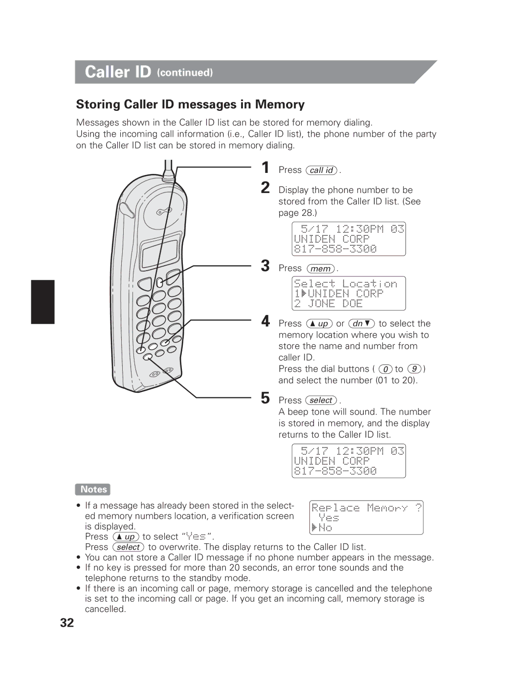 Uniden EXAI 7980 owner manual Storing Caller ID messages in Memory 