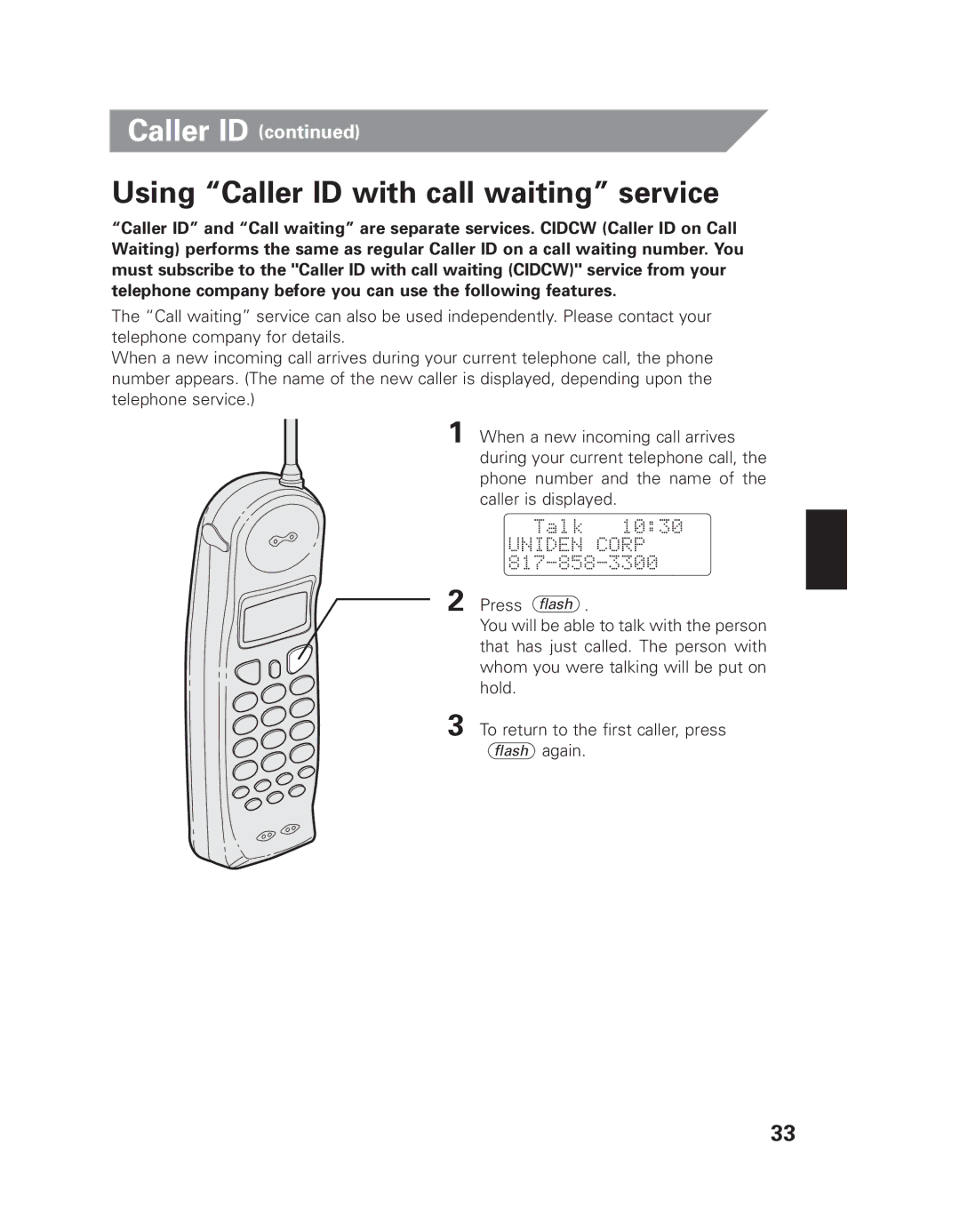 Uniden EXAI 7980 owner manual Using Caller ID with call waiting service 