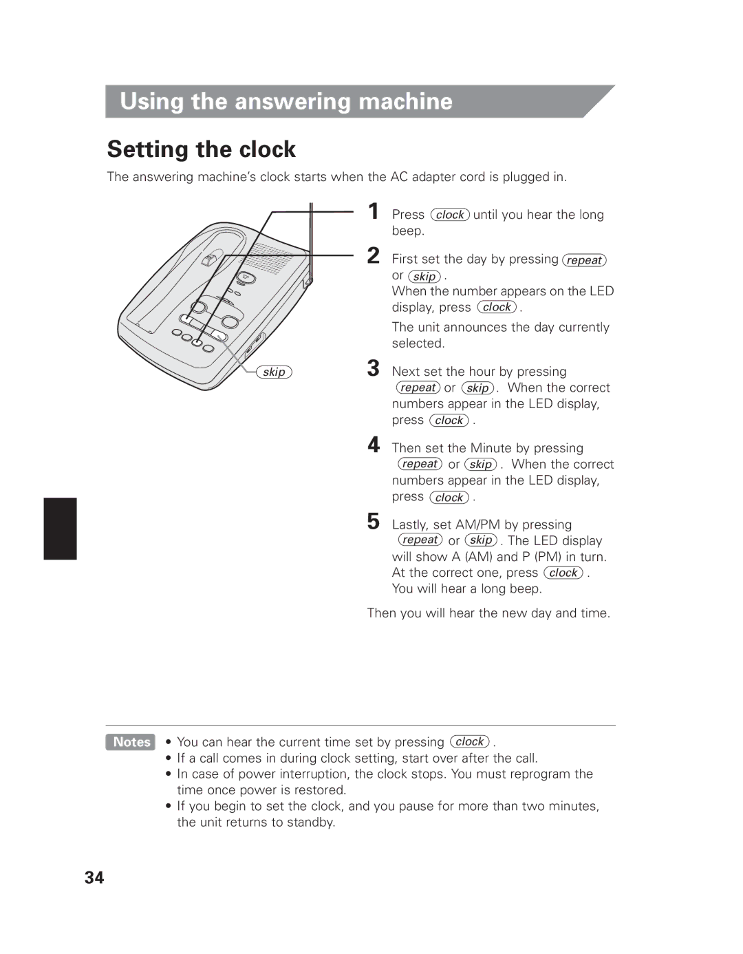 Uniden EXAI 7980 owner manual Using the answering machine, Setting the clock 