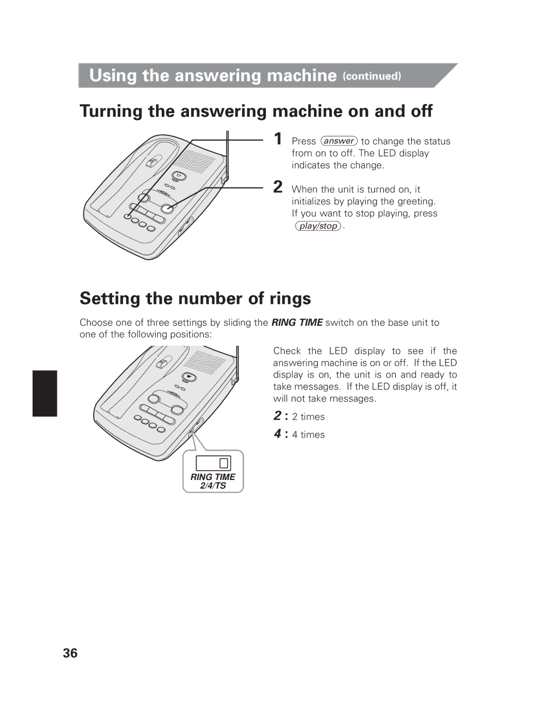 Uniden EXAI 7980 owner manual Turning the answering machine on and off, Setting the number of rings 