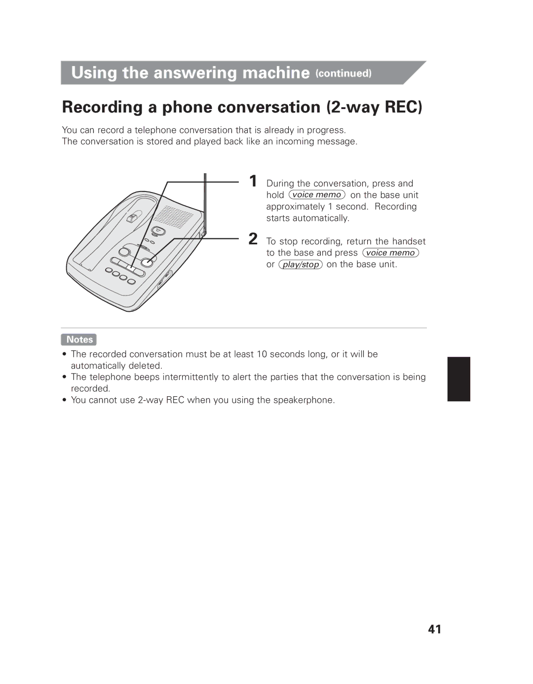 Uniden EXAI 7980 owner manual Recording a phone conversation 2-way REC 