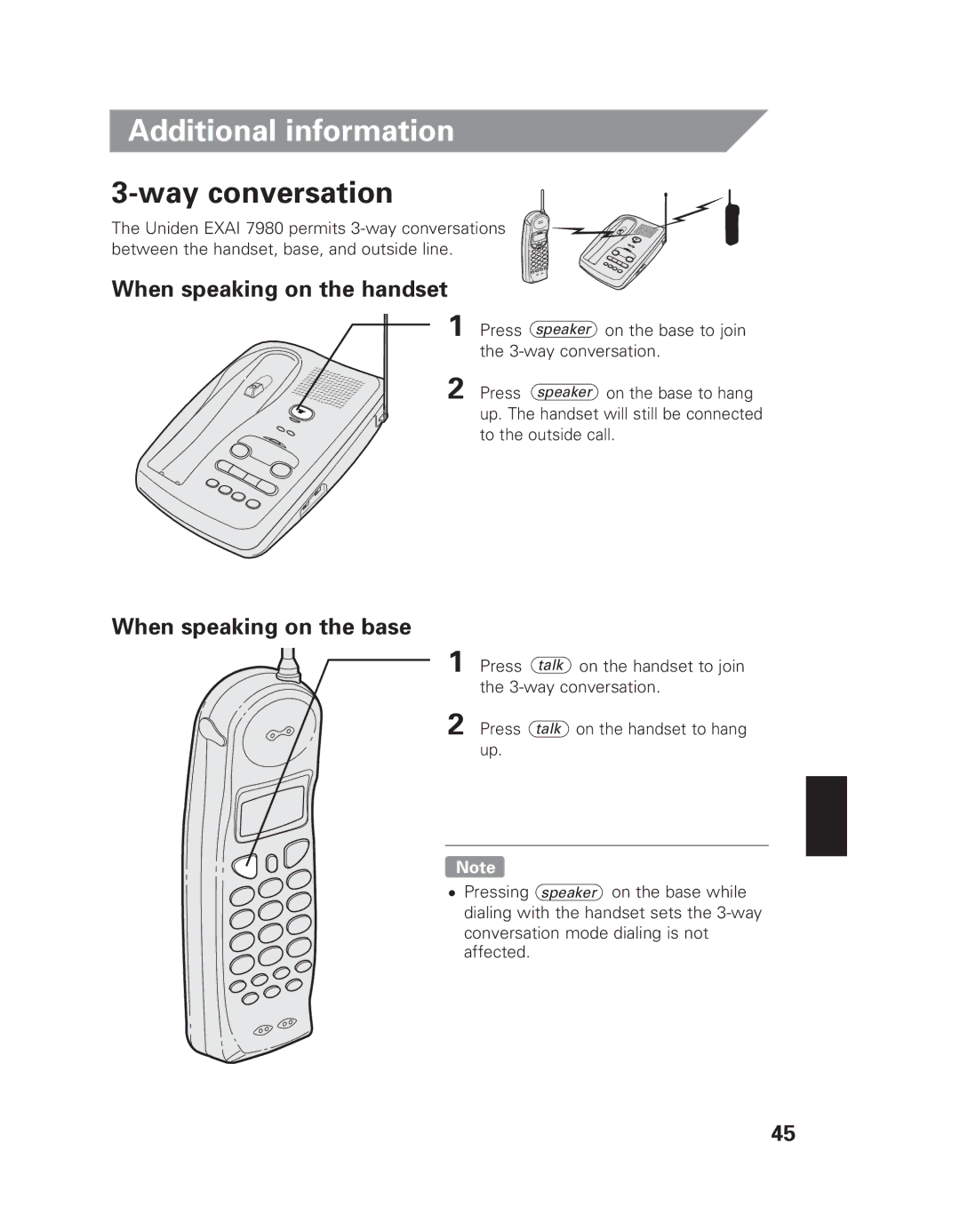 Uniden EXAI 7980 Additional information, Way conversation, When speaking on the handset, When speaking on the base 