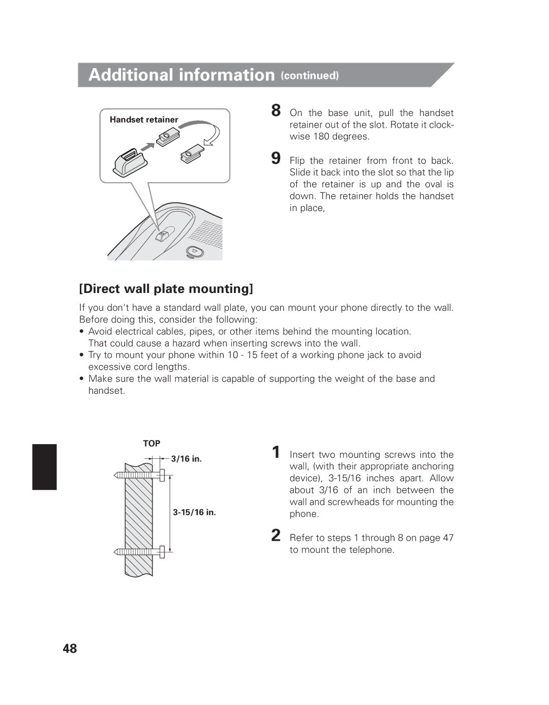 Uniden EXAI 7980 owner manual Direct wall plate mounting 