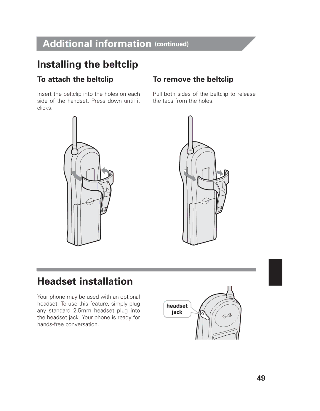 Uniden EXAI 7980 owner manual Installing the beltclip, Headset installation, To attach the beltclip To remove the beltclip 