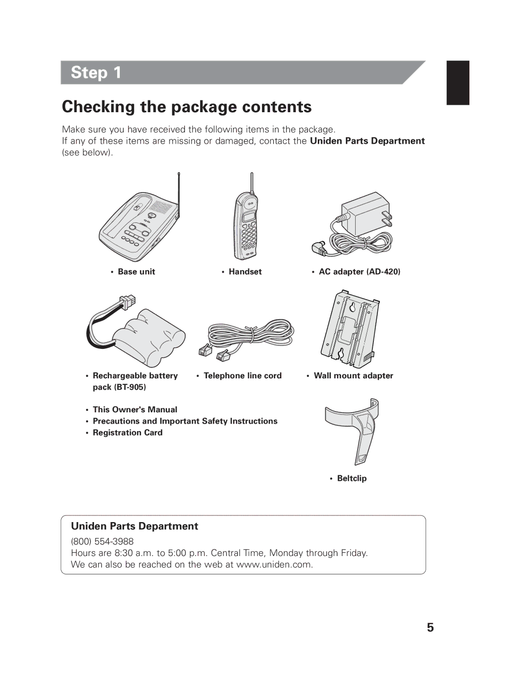 Uniden EXAI 7980 owner manual Step, Checking the package contents 