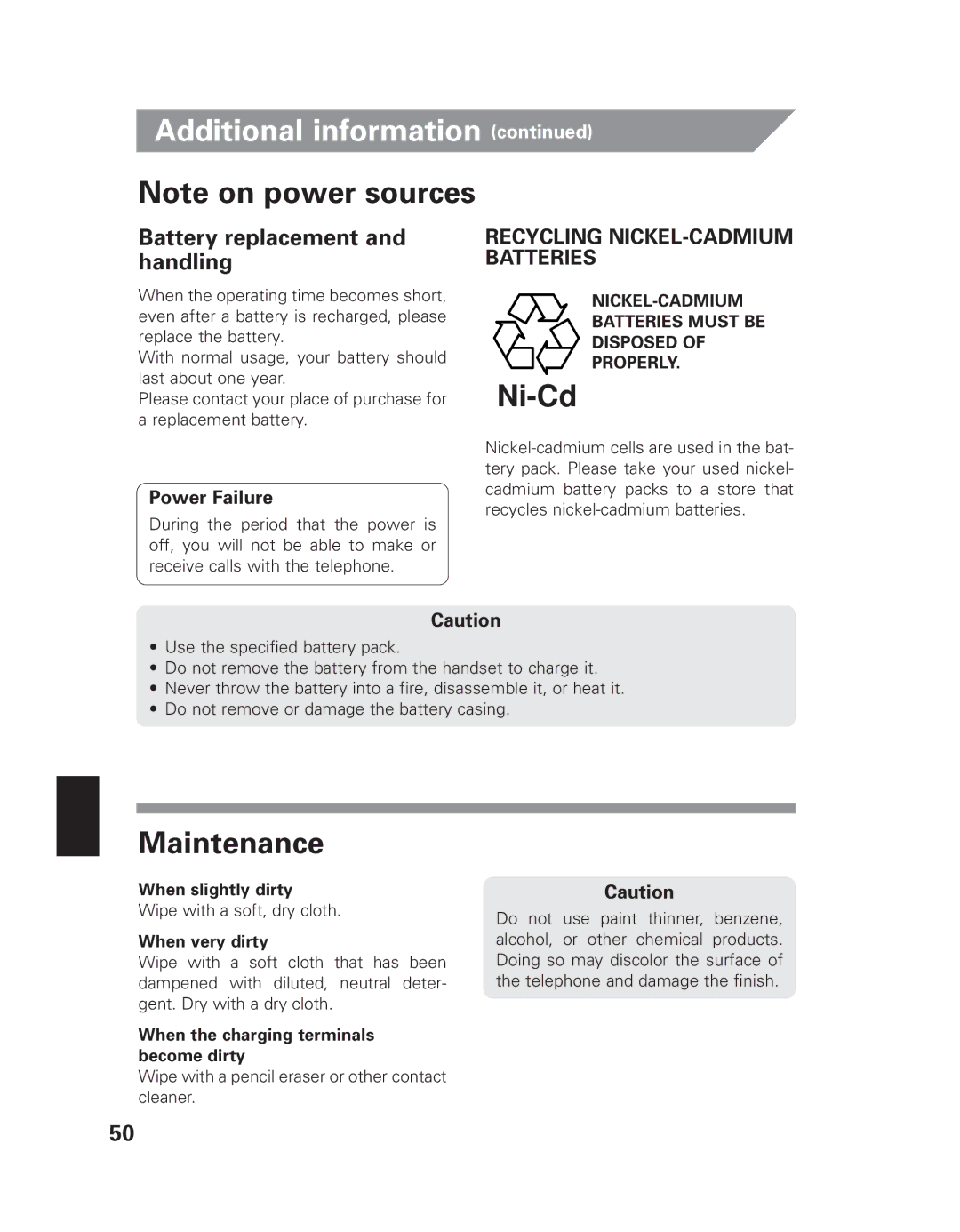 Uniden EXAI 7980 owner manual Maintenance, Battery replacement and handling, Power Failure 