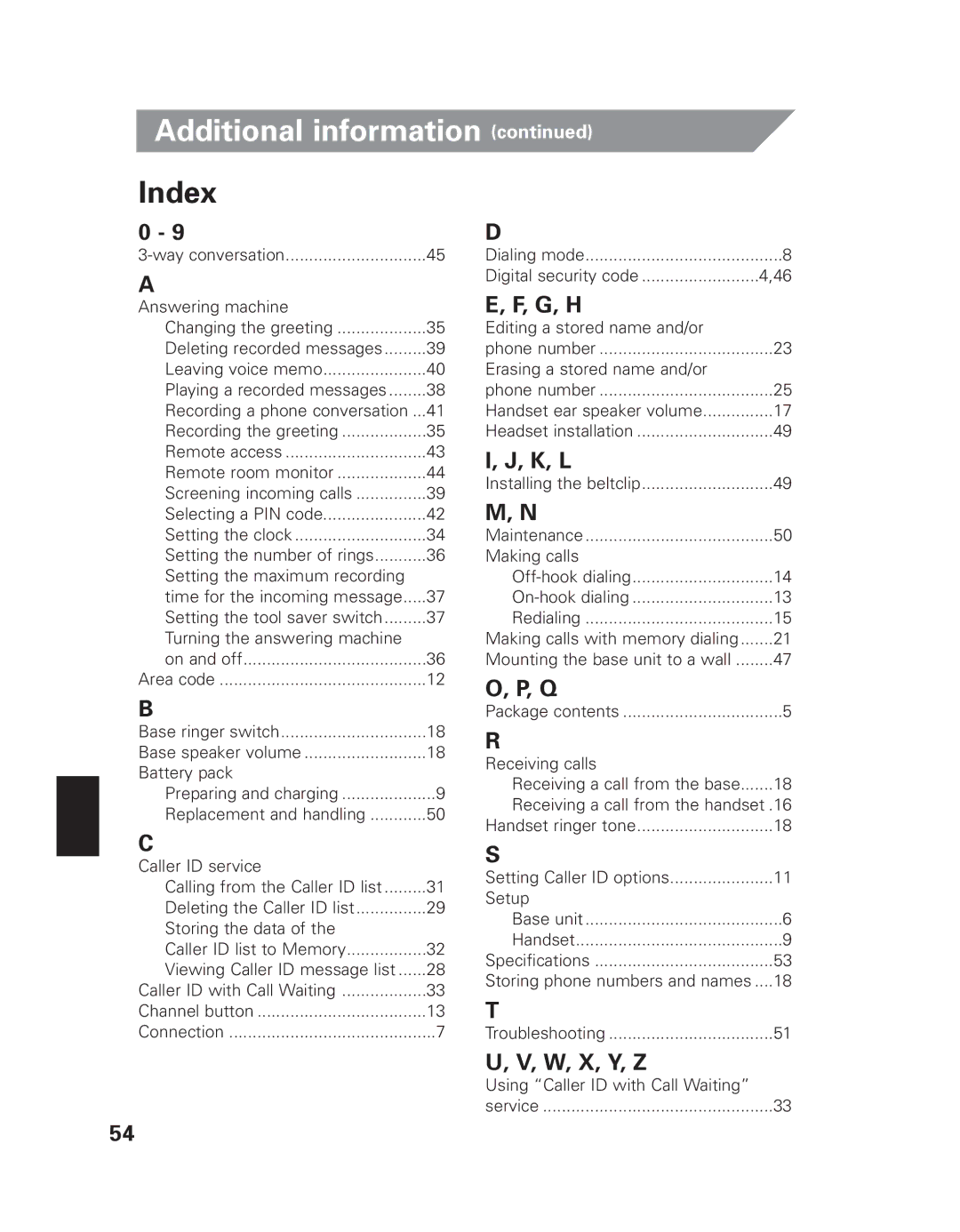 Uniden EXAI 7980 owner manual Index, G, H, K, L, W, X, Y, Z 