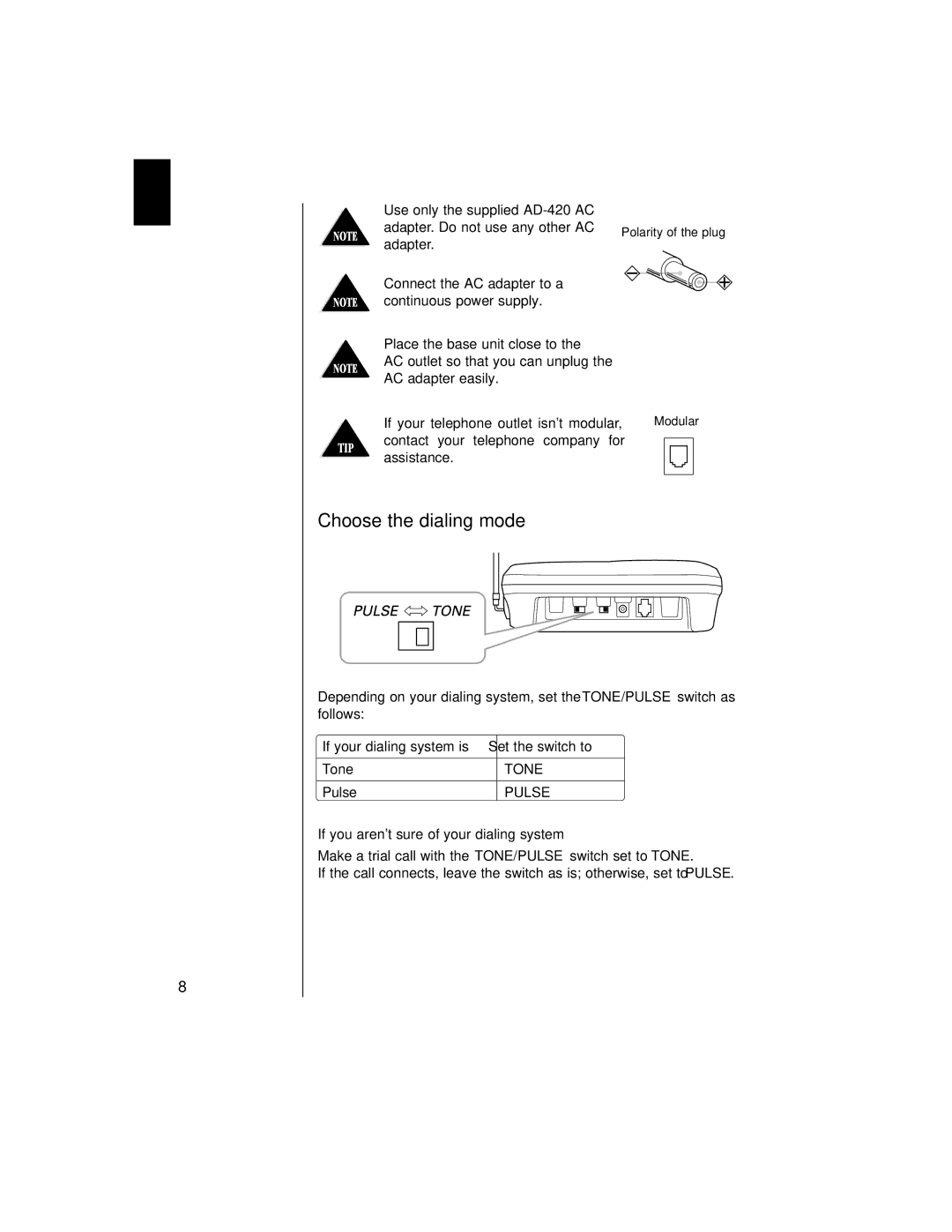 Uniden EXAI 985HS manual Choose the dialing mode, If your dialing system is Set the switch to Tone, Pulse 